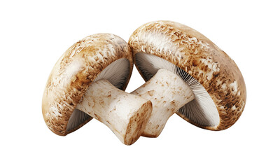 Two brown cremini (baby portobello) mushrooms showing caps, stems and gills with natural speckled texture.