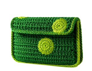Handwoven Green Crochet Handbag with Lime Accents Isolated on Transparent Background.