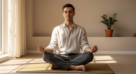 Fototapeta premium Calm Man Meditating Indoors in Natural Light