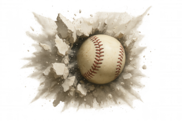 Baseball ball impacting exploding wall section with power and speed, a dynamic breaking concept on transparent background