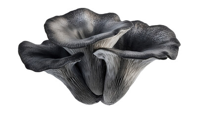 Cluster of dark oyster mushrooms with ruffled caps and pronounced gills.