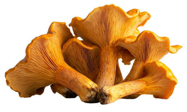 Cluster of golden-orange chanterelle mushrooms with fluted caps, pronounced gills, and connected stems.
