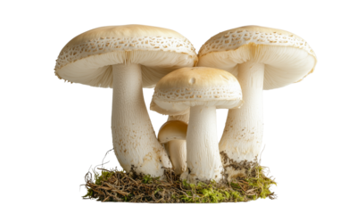 Cluster of cream-colored parasol mushrooms with textured caps and sturdy stems