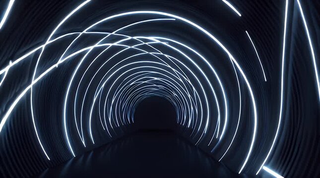 A Futuristic Tunnel With Luminous Neon Light Bands Curves Inward To A Dark Focal Point