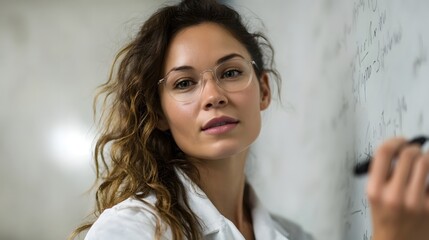 Focused woman in lab coat writing equations on a whiteboard symbolizing science and education