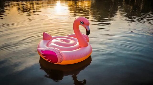 Pink Flamingo Pool Float Drifts on Calm Water at Golden Hour Sunset.