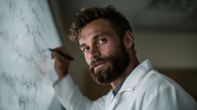 A focused scientist wearing a lab coat writes complex formulas on a bright whiteboard in a dimly lit room looking towards the - Powered by Adobe