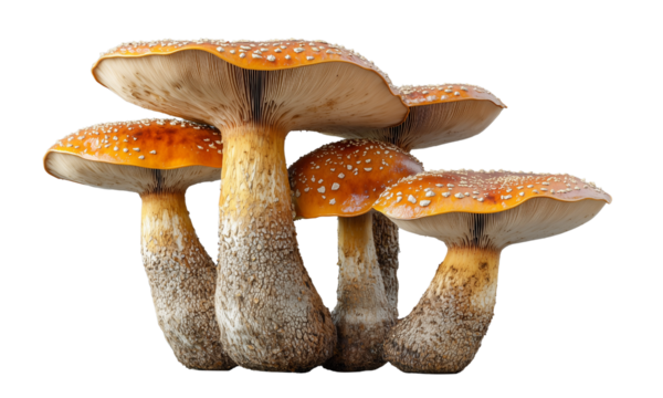 Cluster of orange-capped mushrooms with white speckles, textured stems, and prominent gills beneath broad, curving caps.