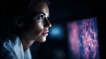Focused scientist in profile engrossed in analyzing microscopic cell data displayed on a glowing digital screen in a dimly lit laboratory environment