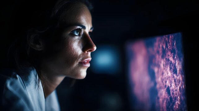 Focused scientist in profile engrossed in analyzing microscopic cell data displayed on a glowing digital screen in a dimly lit laboratory environment - Powered by Adobe