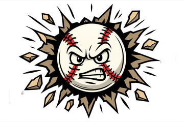 Baseball mascot breaking through wall, angry baseball character, sport team design element, smashing icon with transparent background