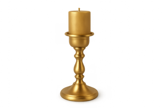 Golden candle on ornate candlestick with transparent background