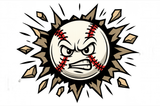 Baseball mascot breaking through wall, angry baseball character, sport team design element, smashing icon with transparent background