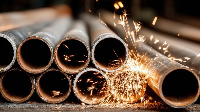 Realistic photo of an angle grinder cutting a steel pipe with bright sparks flying in an industrial workshop setting, sharp detail high resolution.