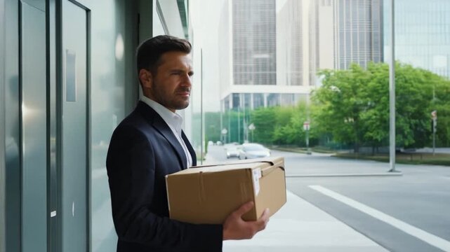 Dismissed Businessman: A somber businessman exits a corporate building, carrying a box of personal belongings, symbolizing job loss and the emotional toll of unemployment in the heart of the city.