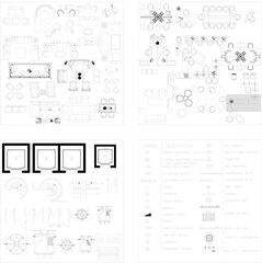 2D Drawing Set: Sofa, Work Desk, Drafting Tools, Electrical Symbols, Elevator and Spiral Staircase for Interior Design and Architecture