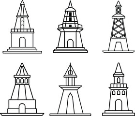 Set of Historic tower outline vector illustration line art