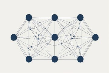 A geometric network diagram featuring interconnected nodes and lines, representing relationships or data flows.