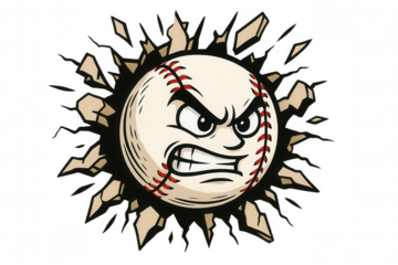 Baseball mascot breaking through wall, angry cartoon character with force and determination, transparent background