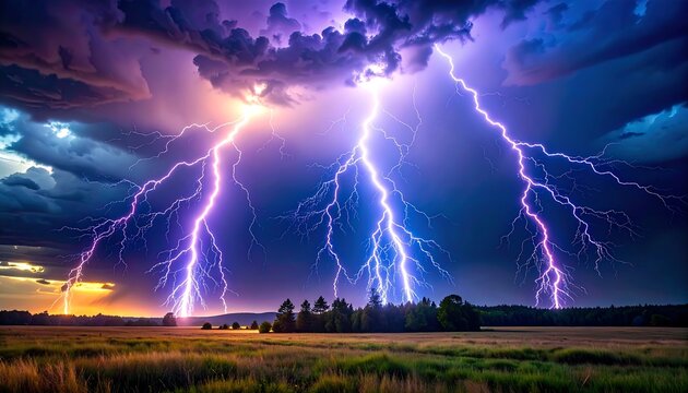Powerful lightning strikes across landscape