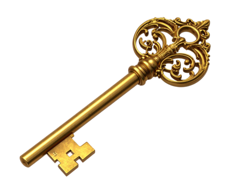 3D Render of Vintage Gold Key Transparent Background. - Powered by Adobe
