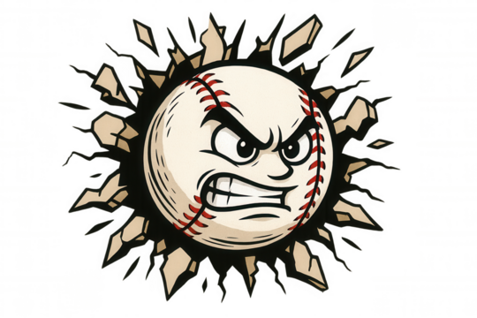 Baseball mascot breaking through wall, angry cartoon character with force and determination, transparent background