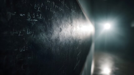 Close up of chalk written mathematical equations on a dark textured blackboard illuminated by dramatic light