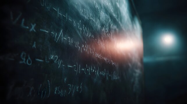 Complex mathematical equations are written in chalk on a dark moody chalkboard with dramatic lighting