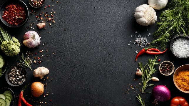 Flat lay gourmet food composition with central blank space for text