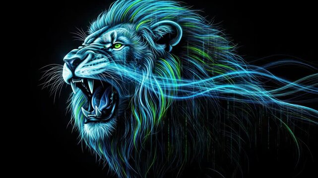 Majestic digital lion roaring fiercely with blue energy emanating from its mane on black background