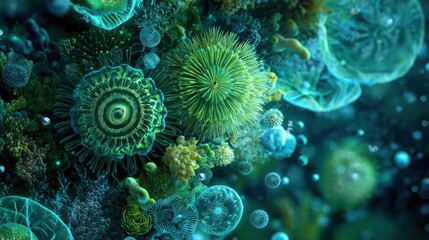 A macro shot of complex, bioluminescent microorganisms, showcasing intricate organic forms