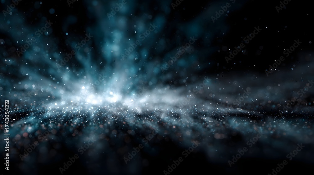 Wall mural dynamic abstract explosion of glowing particles and light rays on a dark cosmic background