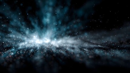 Naklejka premium Dynamic abstract explosion of glowing particles and light rays on a dark cosmic background