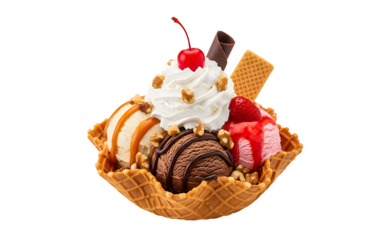 Waffle bowl filled with ice cream sundae, set against a white background