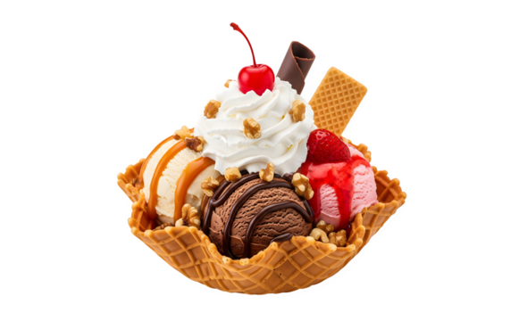 Waffle bowl filled with ice cream sundae, set against a white background