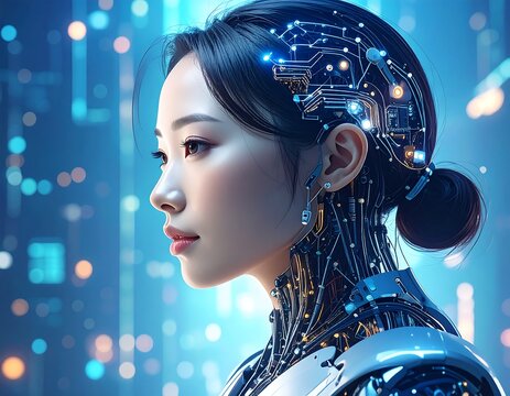 Profile of a cyborg woman in a futuristic city - Powered by Adobe