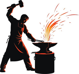 Blacksmith forging metal with hammer and anvil vector graphic