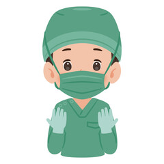 緑色の手術着を着た男性　上半身イラスト／Man wearing green surgical gown　upper body illustration