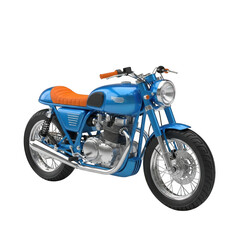 Classic blue cafe racer motorcycle with orange seat detailed view transparent background