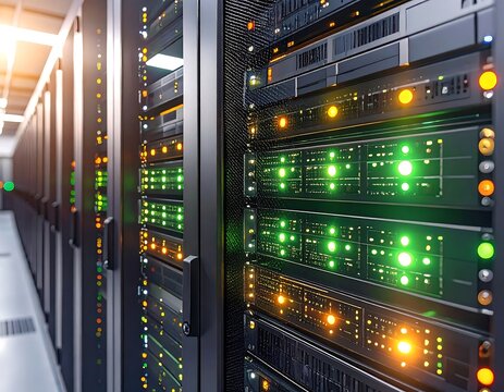 Server racks with blinking lights in a data center.