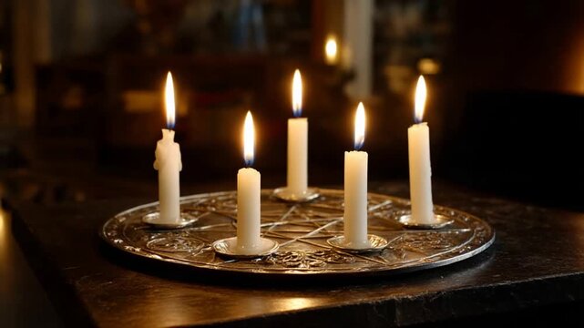 Five white candles burning on a pentagram tray creating a mystical atmosphere.