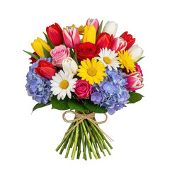 Obraz premium Vibrant mixed flower bouquet with tulips daisies hydrangeas and roses tied with twine transparent background