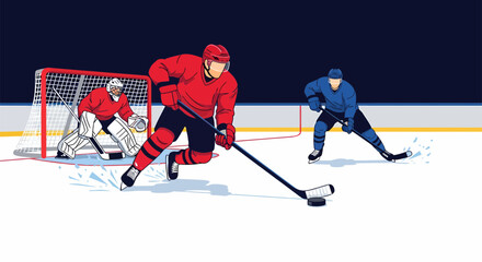 Obraz premium Dynamic Hockey Action Players in Red and Blue Compete on Ice.