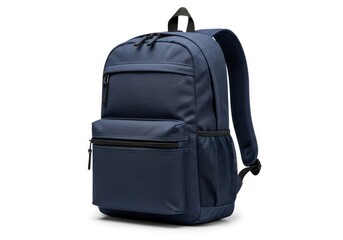 A dark blue fabric backpack stands upright on a white background featuring multiple zippered compartments padded straps and a side mesh pocket