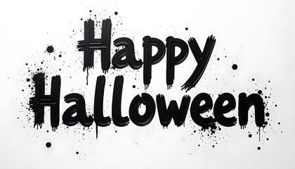 Spooky 'Happy Halloween' text in bold black brush strokes with dripping paint and ink splatters on a white background, perfect for festive decorations.