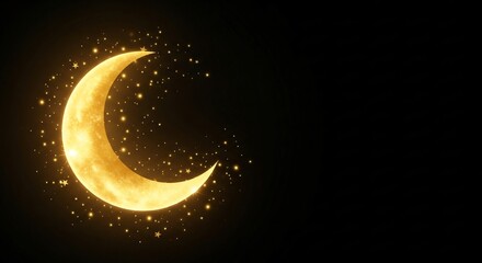 Glowing golden crescent moon surrounded by sparkling stars against a dark void