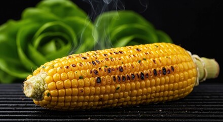 Golden grilled corn on the cob with wisps of smoke