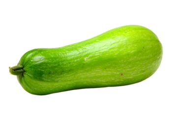 A long, curved green gourd with no color gradient on transparent background
