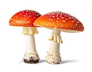 Two vibrant red and orange mushrooms
