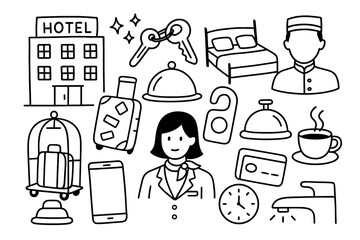 Hotel-themed doodle vector set featuring various icons and symbols  
